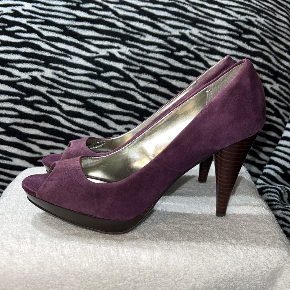 Style & Co Purple Peep Toe Leather Platform Heels Size 8 - Picture 3 of 13